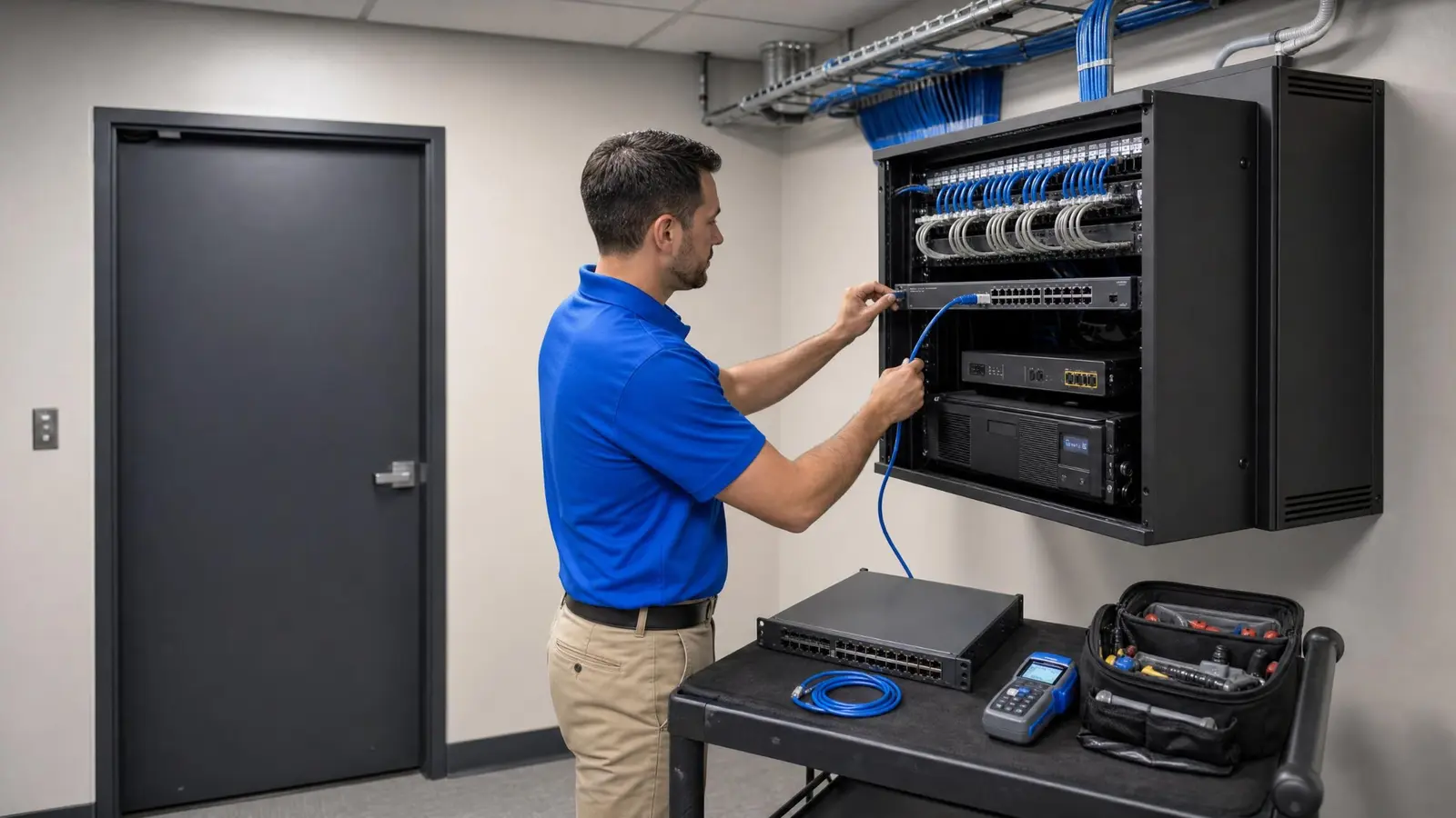Field technician completing a network hardware replacement inside a secured IDF room